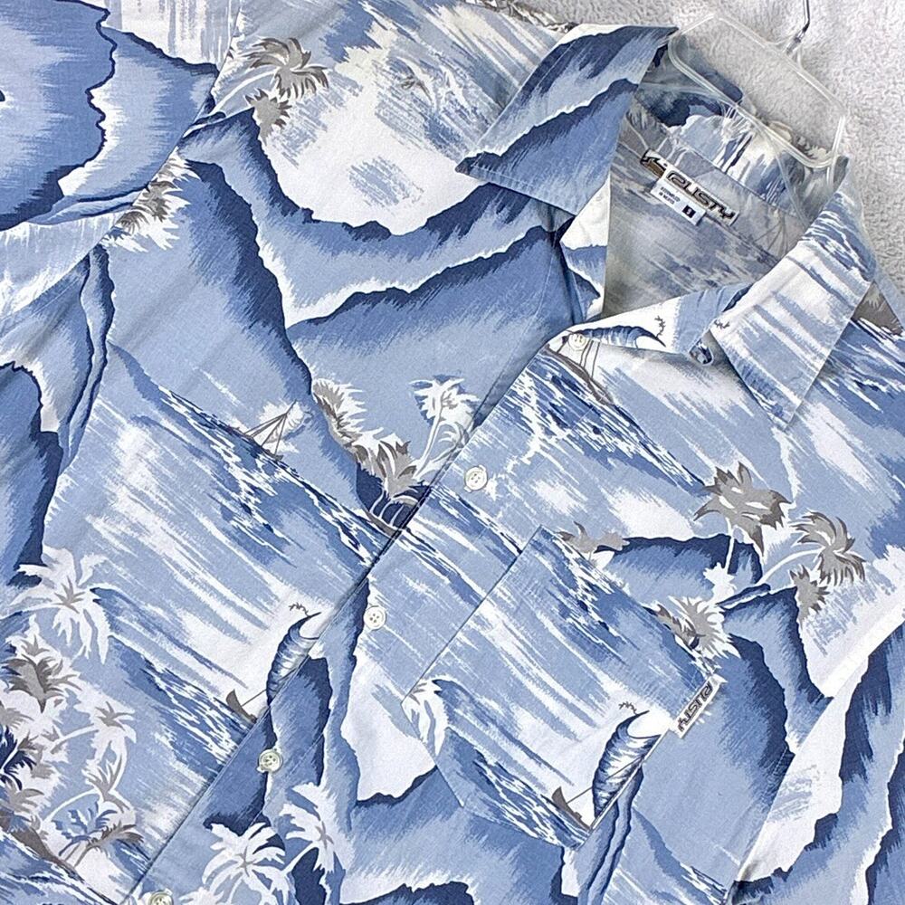 VTG Rusty Hawaiian Camp Shirt Men S Blue Tropical Beach Palm AOP Surf Aloha Y2K